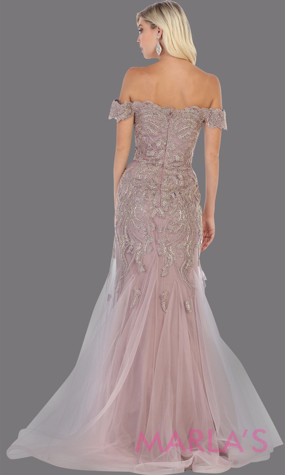 Back of Long mauve beaded mermaid off shoulder gown from MayQueen RQ7705. This stunning dusty rose evening gown is perfect for engagement dress, wedding reception dress, indowestern gown, engagement shoot, prom, formal evening party gown, plus size