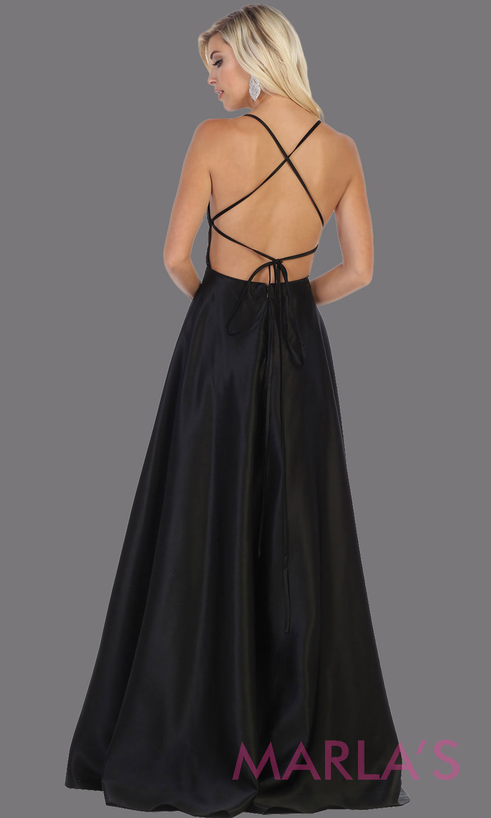 Back of Long black satin corset back dress with high slit from MayQueen RQ7711. This black prom evening gown is perfect for wedding guest dress, formal party dress, plus size dresses, engagement party, e shoot, engagement shoot, gala