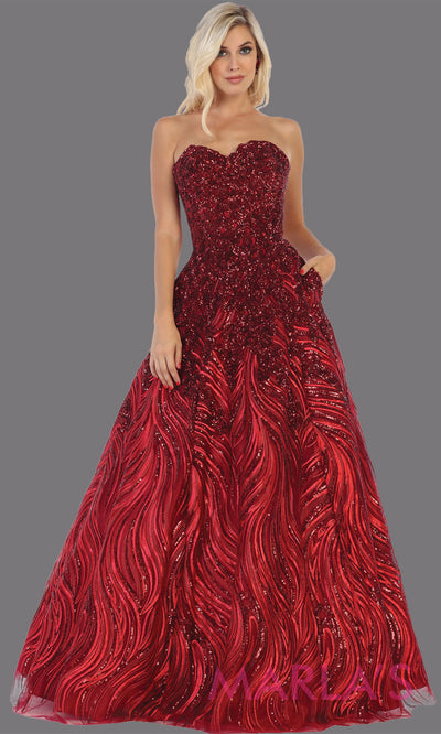 Long red sequin beaded strapless gown from MayQueen RQ7728. This formal dark red sequin gown is perfect as a indowestern gown, wedding reception dress, engagement dress, prom,  plus size formal evening gown, sweet 16 dress, quinceanera gown