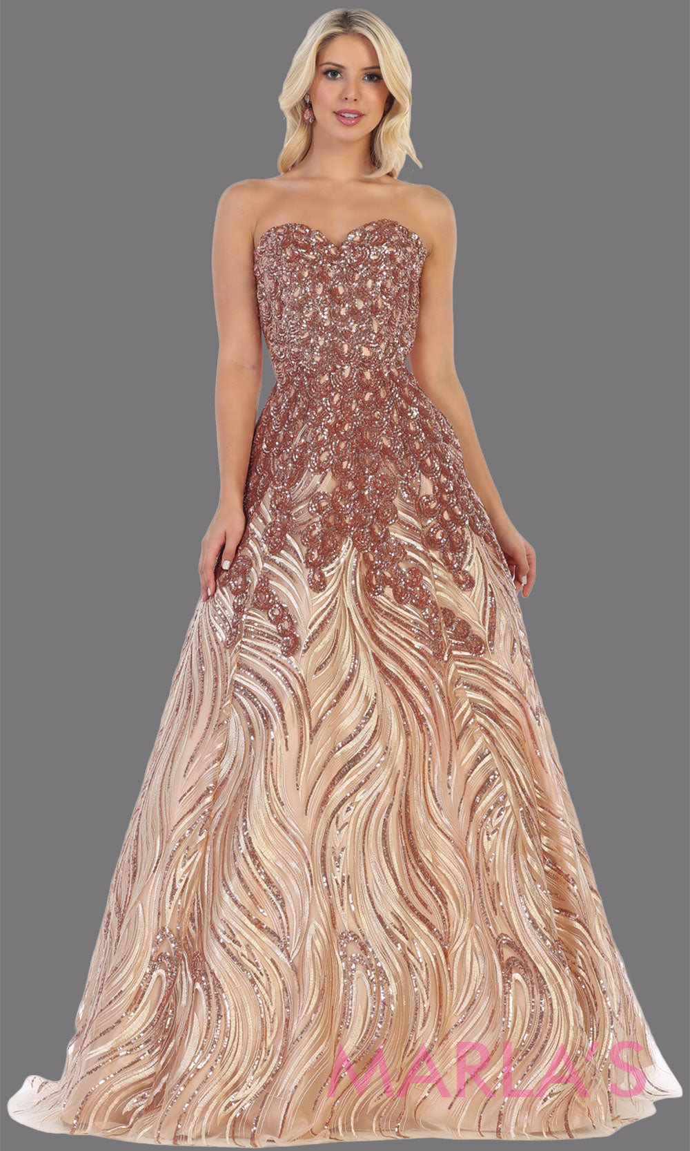 Long rose gold sequin beaded strapless gown from MayQueen RQ7728.This formal gold sequin gown is perfect as a indowestern gown, wedding reception dress, engagement dress, prom,  plus size formal evening gown, sweet 16 dress, quinceanera gown