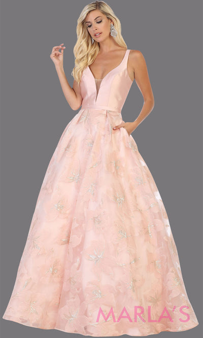 Long pink taffeta gown with wide straps and flowy skirt from MayQueen RQ7730. This long light pink gown is perfect for engagment party dress, summer wedding formal gown, prom dress, plus size wedding guest dress, engagement shoot, e shoot.
