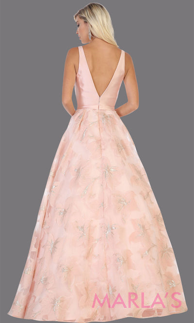 Back of Long pink taffeta gown with wide straps and flowy skirt from MayQueen RQ7730. This long light pink gown is perfect for engagment party dress, summer wedding formal gown, prom dress, plus size wedding guest dress, engagement shoot, e shoot.