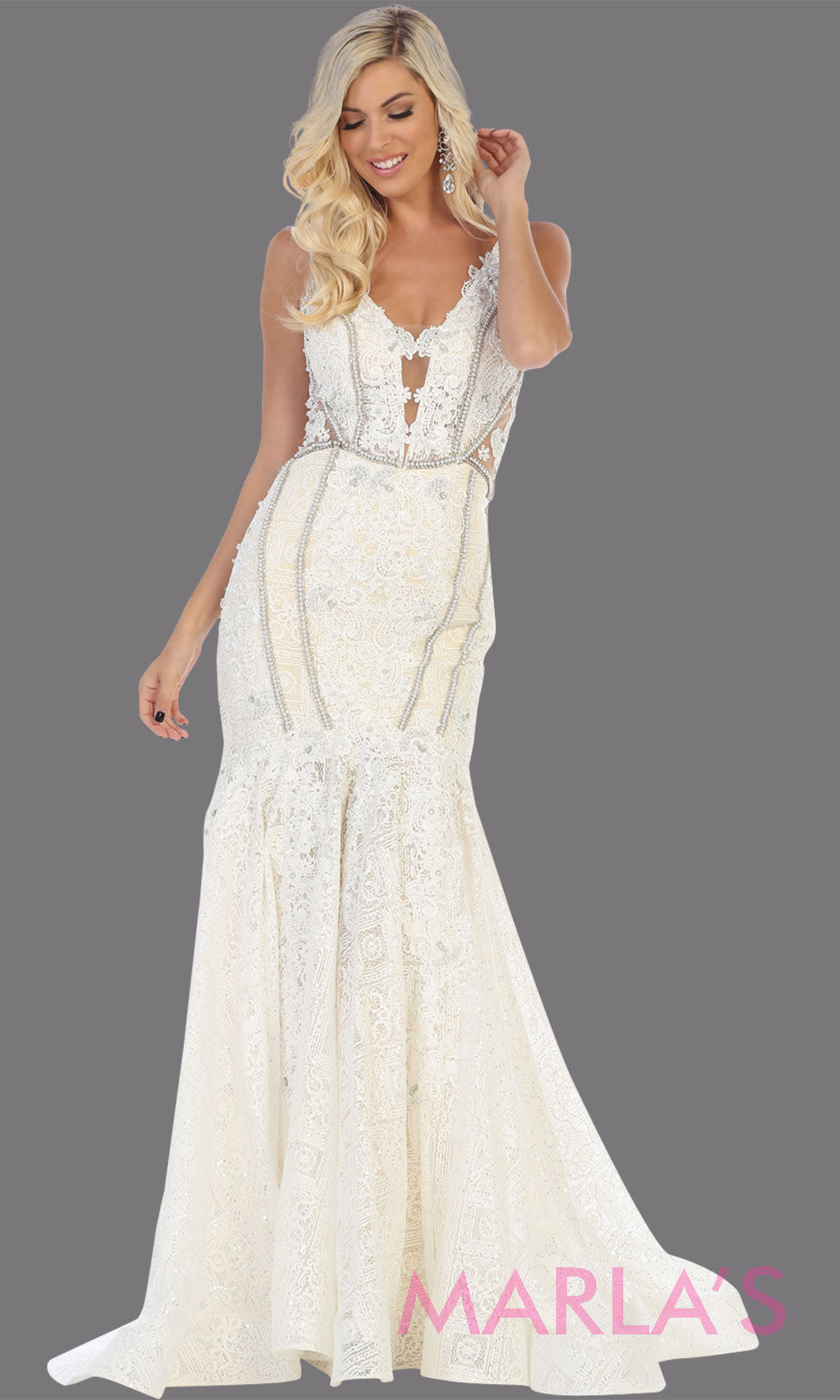 Long ivory lace wedding evening mermaid gown from MayQueen RQ7735. This ivory dress is perfect for engagement dress, wedding reception dress, indowestern gown, plus size wedding dress, prom dress, destination wedding, second wedding dress