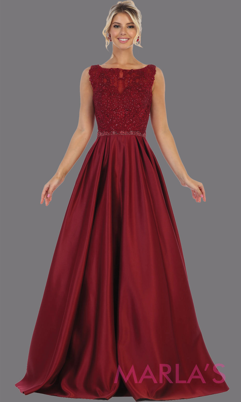 Long burgundy high neck taffeta satin gown with lace top from MayQueen RQ7744. This long dark red gown is perfect for wedding engagement dress, reception dress, modest prom dress, modest formal plus size evening gown, mother of the bride