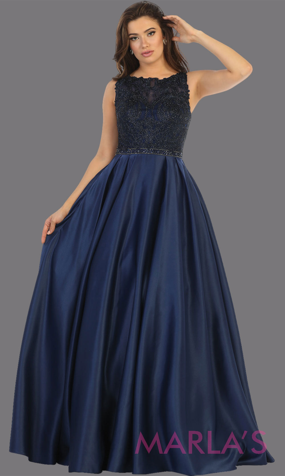 Long navy blue high neck taffeta satin gown with lace top from MayQueen RQ7744. This long dark blue gown is perfect for wedding engagement dress, reception dress, modest prom dress, modest formal plus size evening gown, mother of the bride