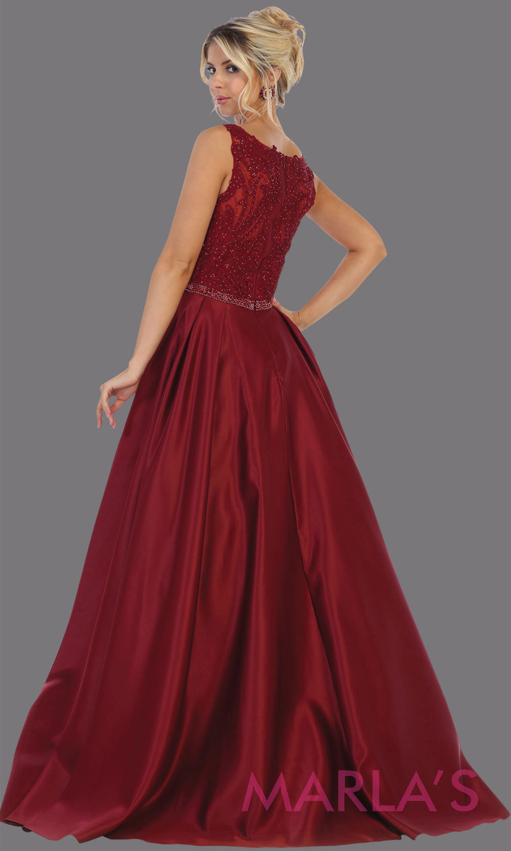 Back of Long burgundy high neck taffeta satin gown with lace top from MayQueen RQ7744. This long dark red gown is perfect for wedding engagement dress, reception dress, modest prom dress, modest formal plus size evening gown, mother of the bride