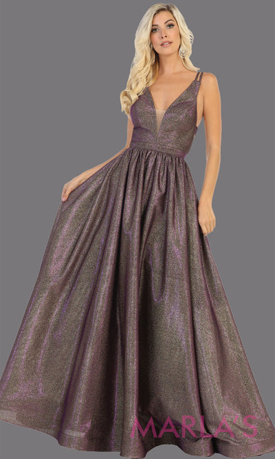 Long purple v neck flowy open back dress from MayQueen RQ7748. This purple metallic gown is perfect for prom, engagement party dress, engagement shoot, e shoot, sweeet 16, sweet 15, plus size formal party dress.