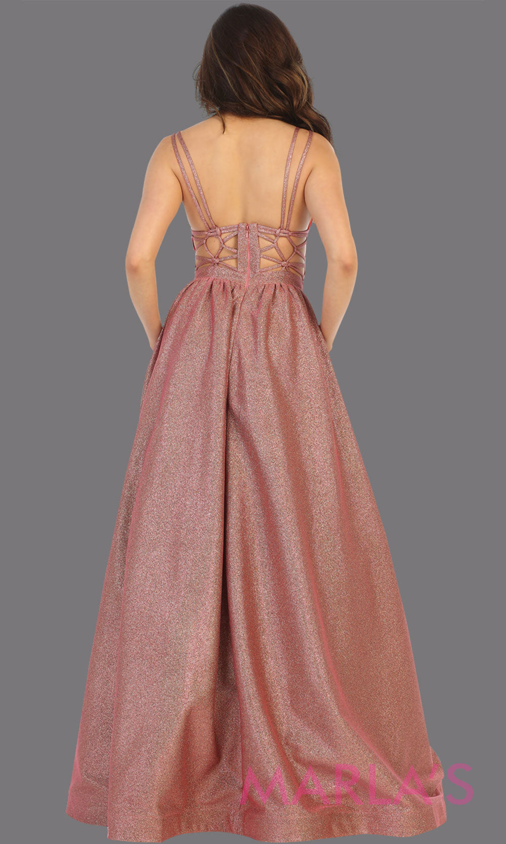 Back of Long coral v neck flowy open back dress from MayQueen RQ7748. This coral metallic gown is perfect for prom, engagement party dress, engagement shoot, e shoot, sweeet 16, sweet 15, plus size formal party dress.