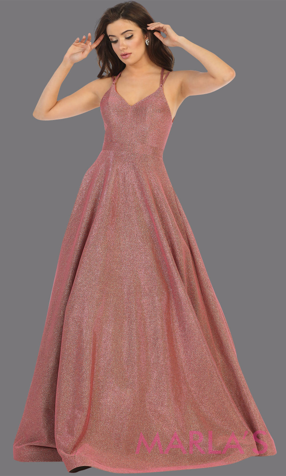 Long mauve v neck flowy open back dress from MayQueen RQ7751. This mauve metallic gown is perfect for prom, engagement party dress, engagement shoot, e shoot, sweeet 16, sweet 15, plus size formal party dress.