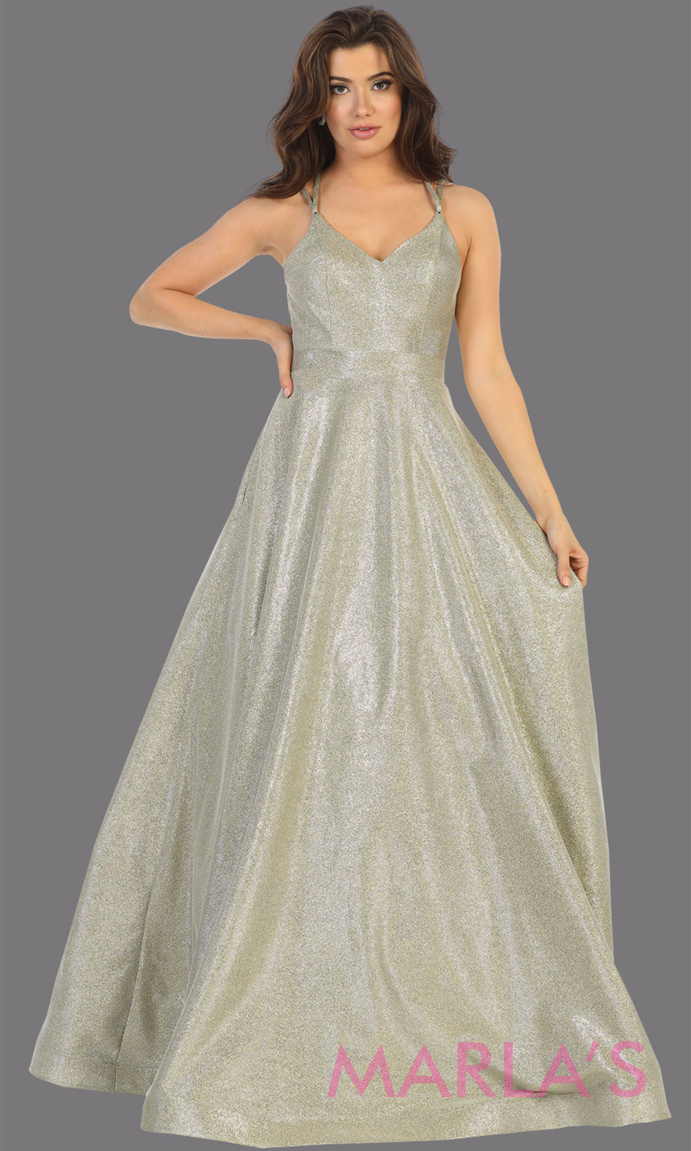 Long silver v neck flowy open back dress from MayQueen RQ7751. This silver metallic gown is perfect for prom, engagement party dress, engagement shoot, e shoot, sweeet 16, sweet 15, plus size formal party dress.