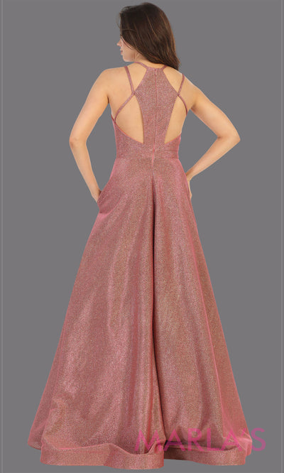 Back of Long mauve v neck flowy open back dress from MayQueen RQ7751. This mauve metallic gown is perfect for prom, engagement party dress, engagement shoot, e shoot, sweeet 16, sweet 15, plus size formal party dress.