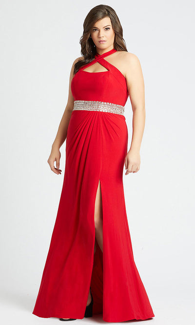 Mac Duggal - 77532F Halter Neck Sheath Dress With Slit In Red