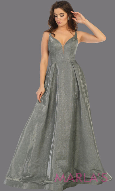 Long silver v neck flowy open back dress from MayQueen RQ7759. This silver grey metallic gown is perfect for prom, engagement party dress, engagement shoot, e shoot, sweet 16, sweet 15, plus size formal party dress.