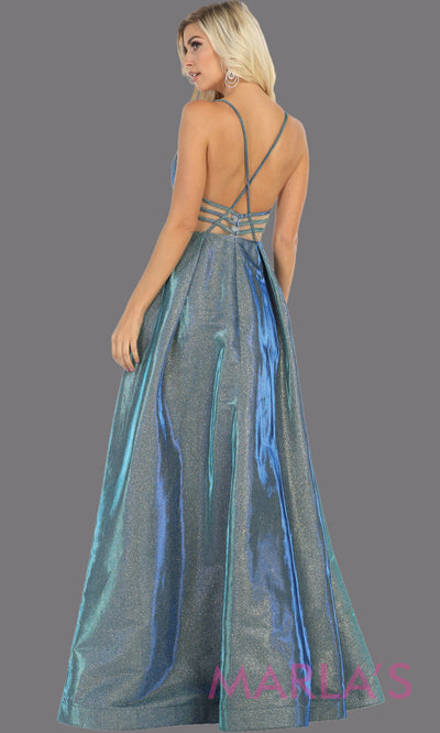 Back of Long royal blue v neck flowy open back dress from MayQueen RQ7759. This blue metallic gown is perfect for prom, engagement party dress, engagement shoot, e shoot, sweet 16, sweet 15, plus size formal party dress.