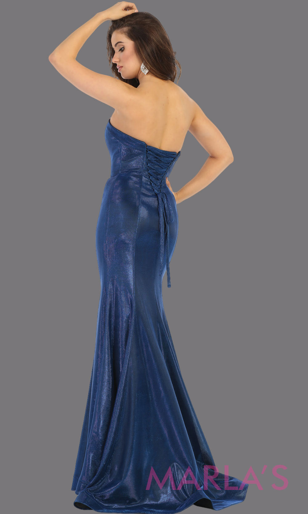 Back of Long royal blue strapless fitted dress from MayQueen RQ7764. This blue evening party gown is perfect for prom, mother of the bride, formal evening party dress, engagement dress, engagement shoot, e shoot, plus size formal party dress.