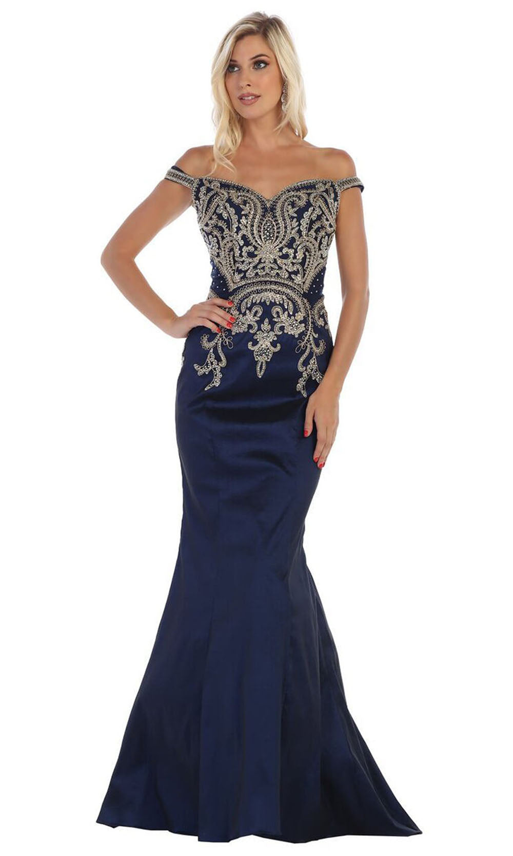 May Queen - MQ1609 Off Shoulder Trumpet Gown In Blue and Black