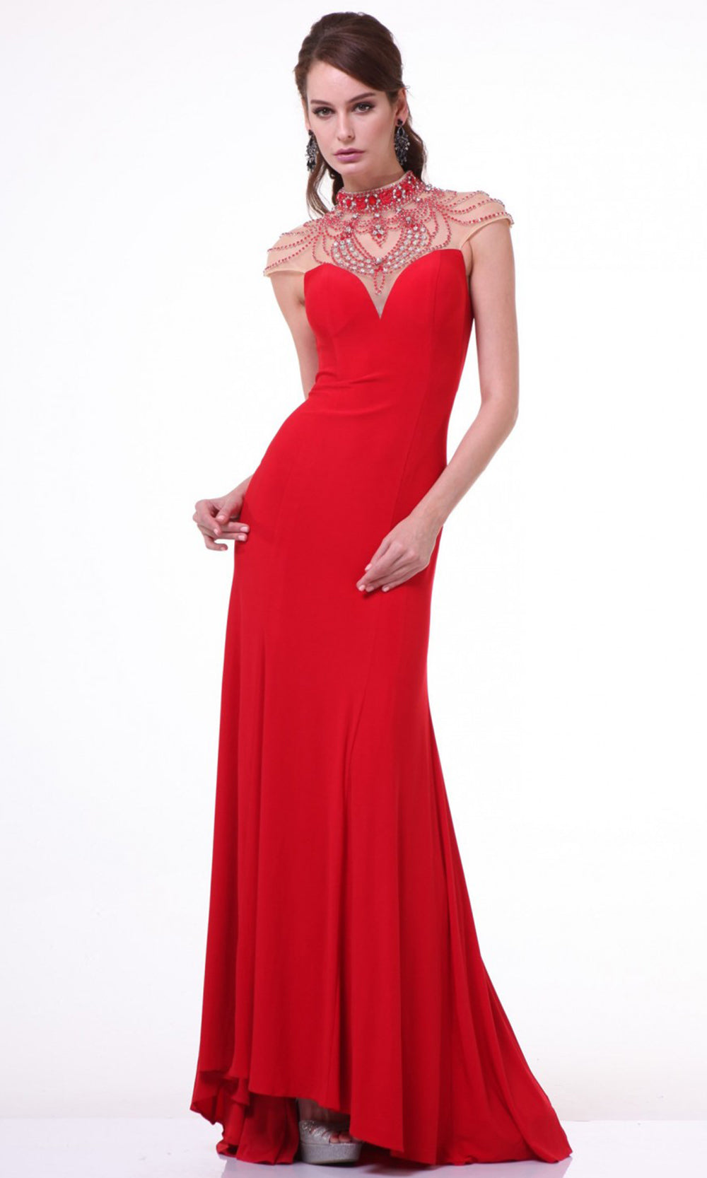 Cinderella Divine - 8105 Beaded Illusion Sheath Dress In Red