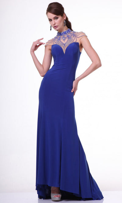 Cinderella Divine - 8105 Beaded Illusion Sheath Dress In Blue