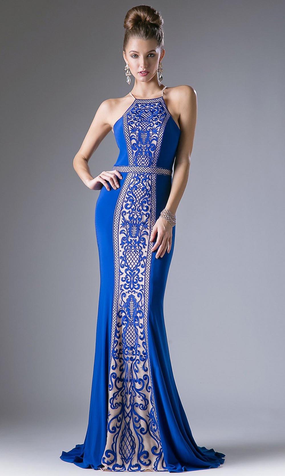 Cinderella Divine - 83821 Lace Stretch Knit Long Dress In Blue