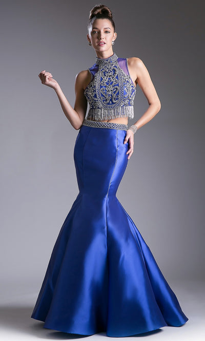Cinderella Divine - 84016 Beaded Croptop Mermaid Gown In Blue