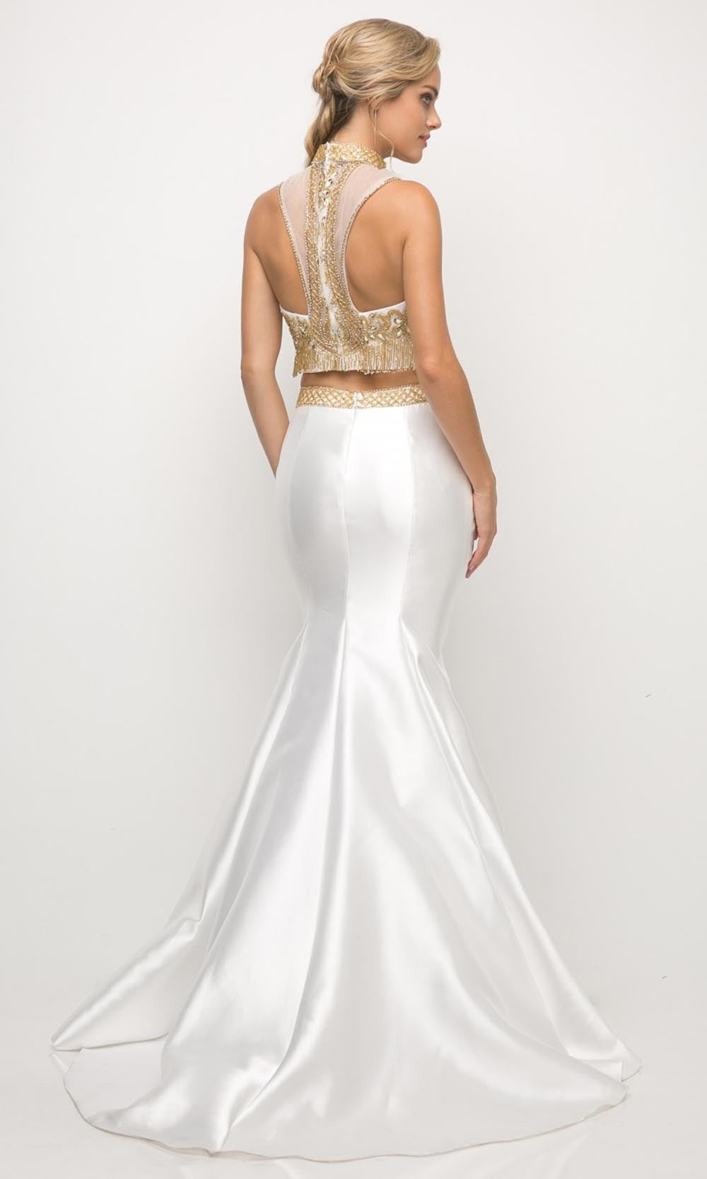Cinderella Divine - 84016 Beaded Croptop Mermaid Gown In White & Ivory