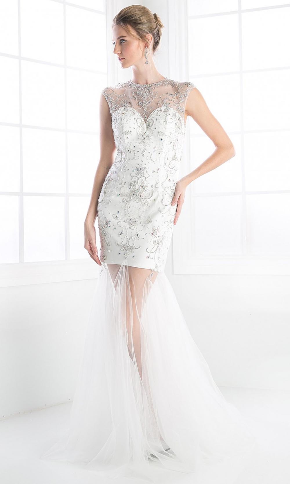 Cinderella Divine - 8763 Embellished Sheer Mermaid Dress In White & Ivory