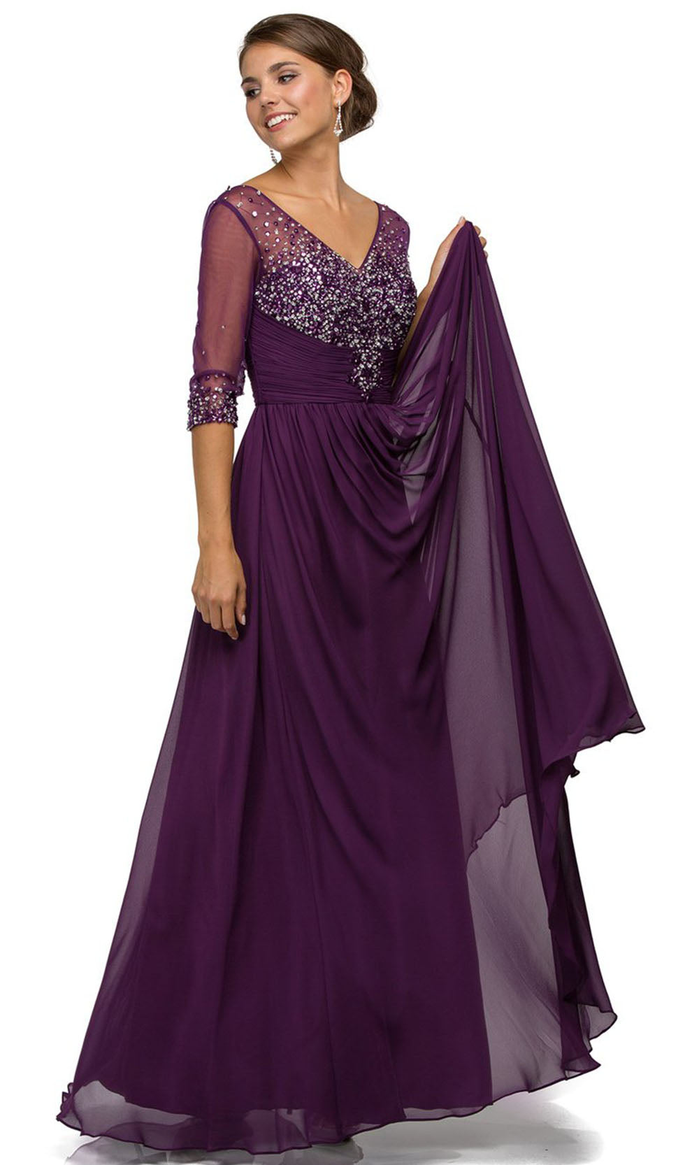 Plum Dancing Queen - 8855 V-Neck Beaded Bodice Sheer Sleeve A-Line Gown ...
