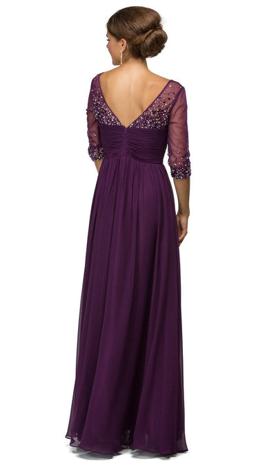 Dancing Queen - 8855 V-Neck Beaded Bodice Sheer Sleeve A-Line Gown In Purple