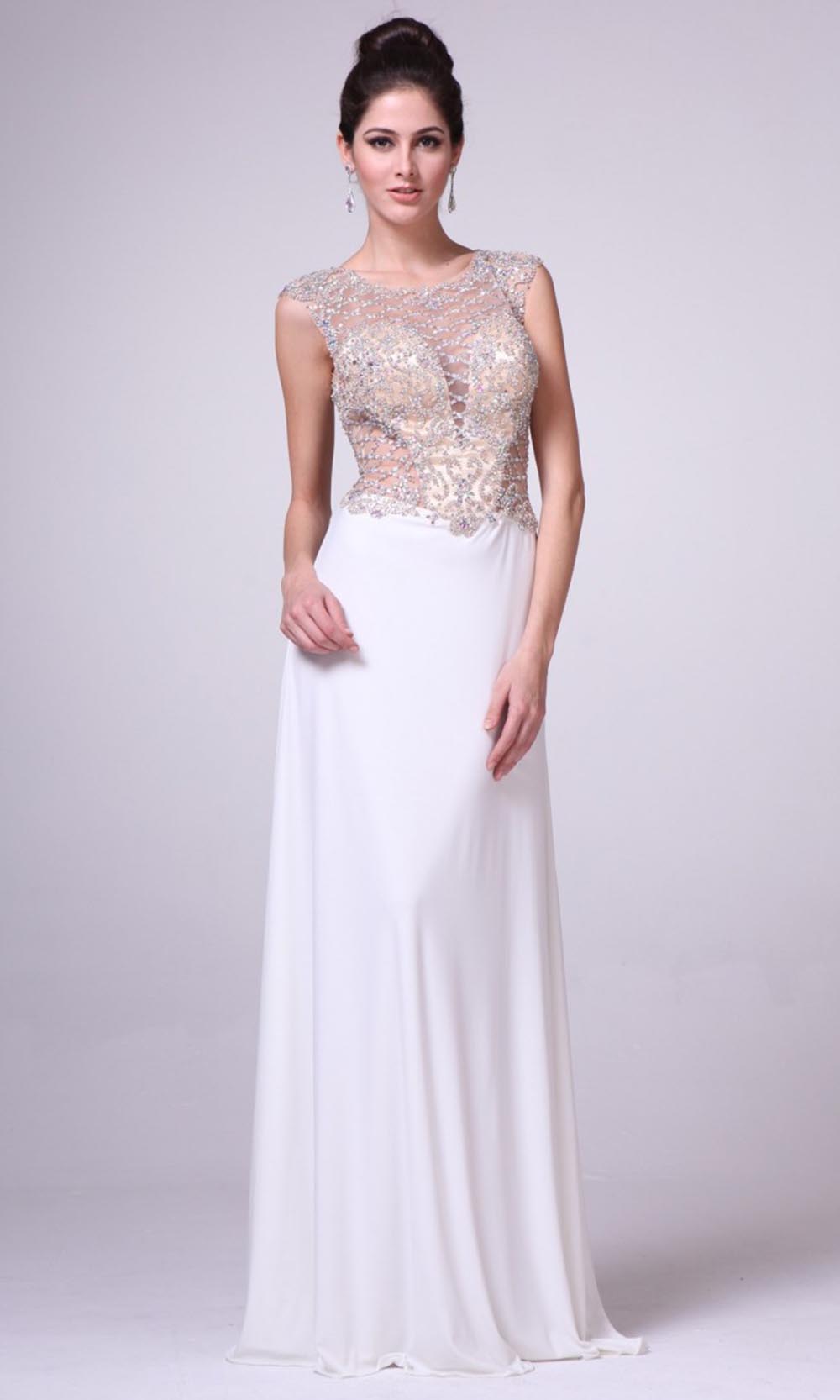 Cinderella Divine - 8907 Illusion Bodice A-Line Dress In white & Ivory