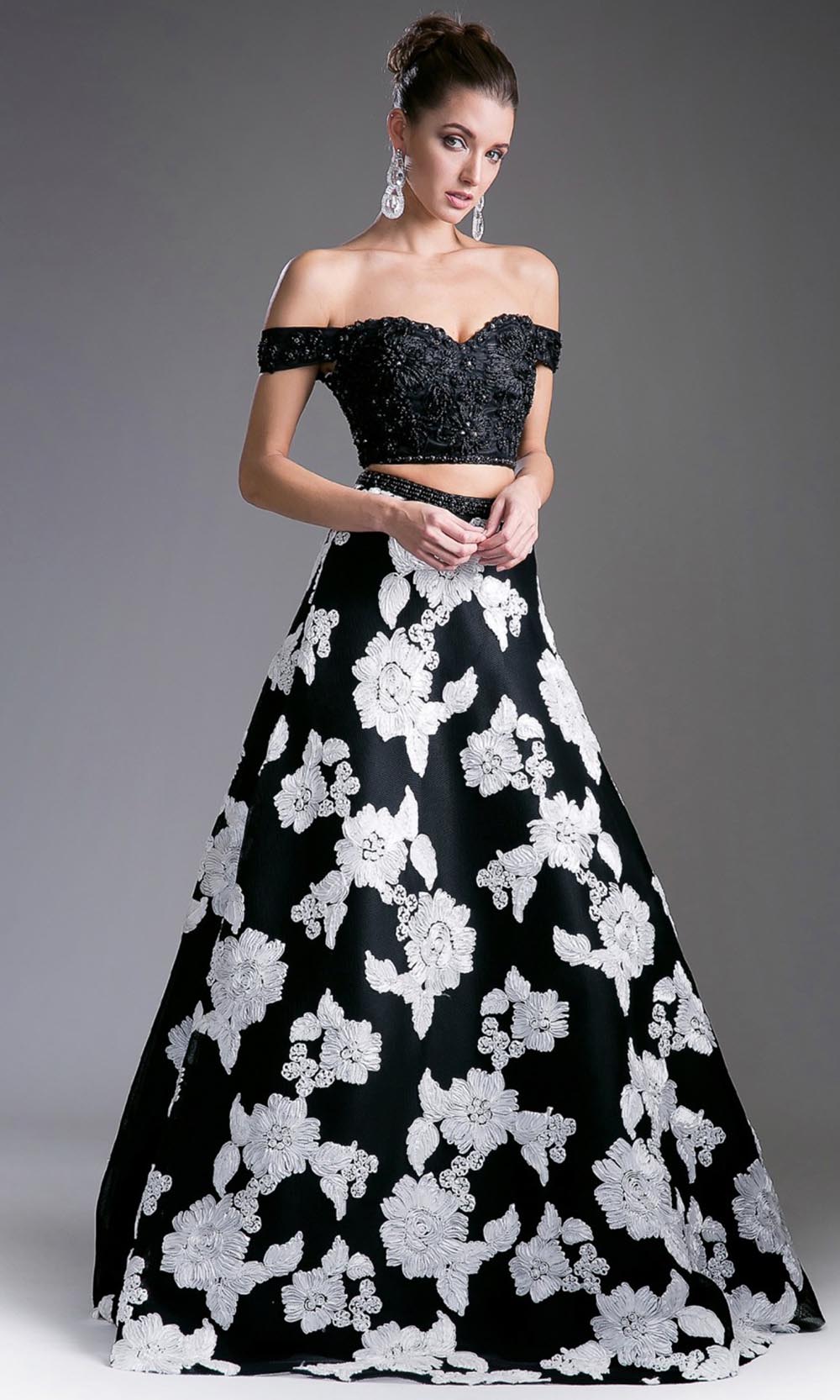 Cinderella Divine - 8945 Beaded Floral Off Shoulder Gown In Black