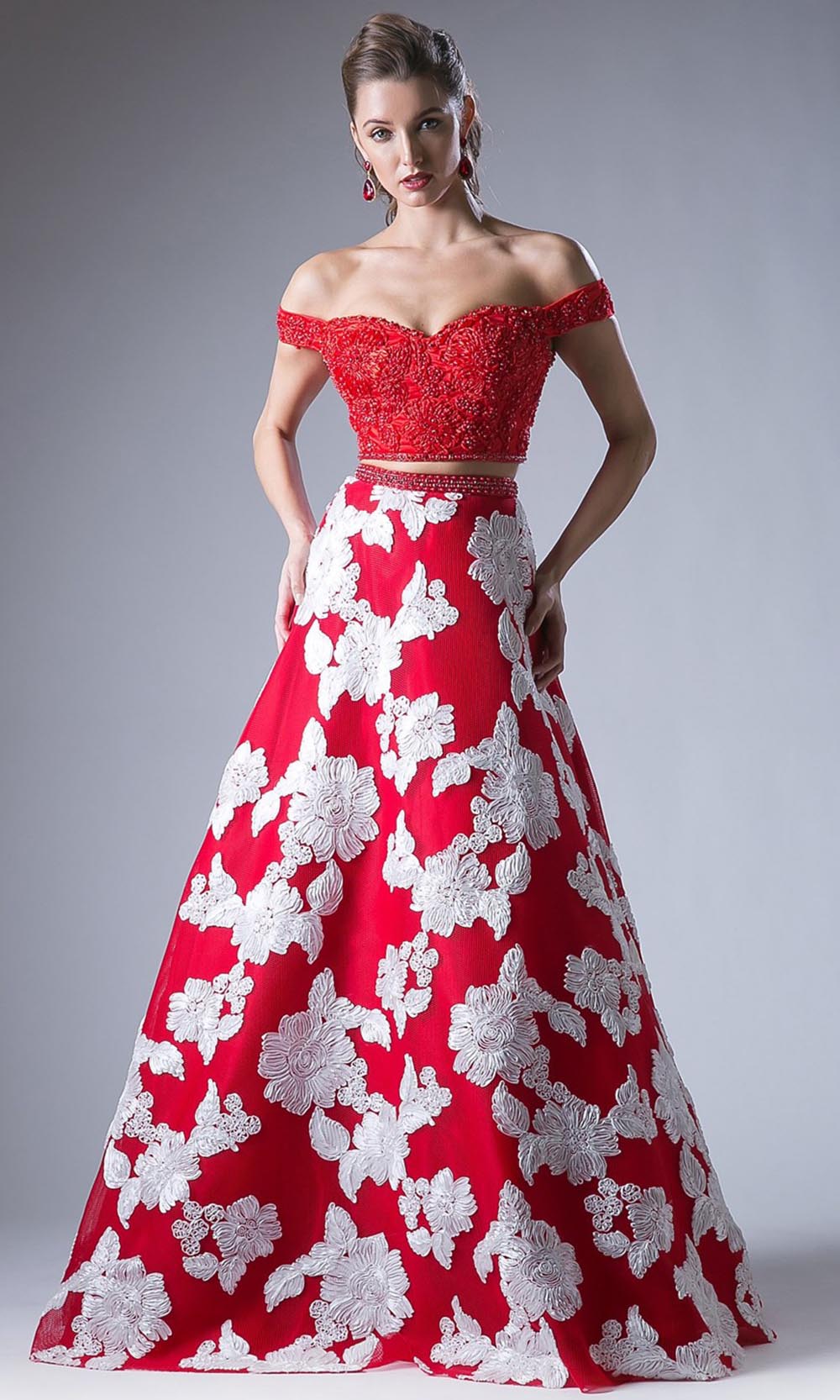 Cinderella Divine - 8945 Beaded Floral Off Shoulder Gown In Red