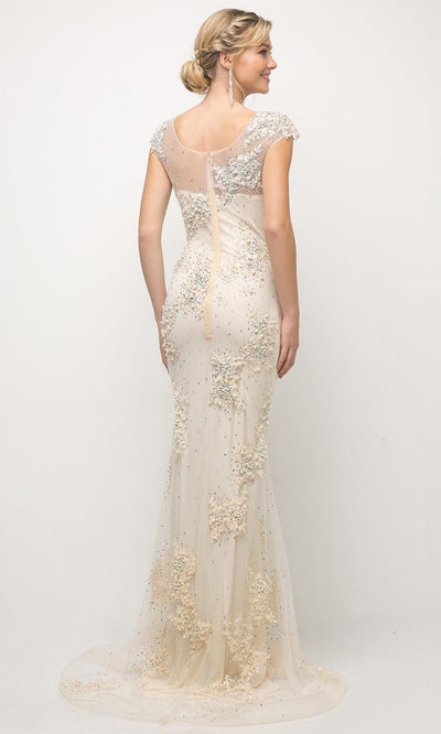 Cinderella Divine - 8983 Beaded Cap Sleeve Sheath Gown In Champagne & Gold