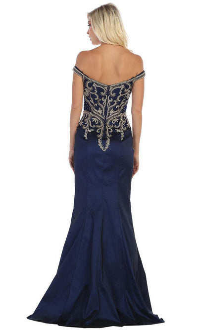 May Queen - MQ1609 Off Shoulder Trumpet Gown In Blue and Black