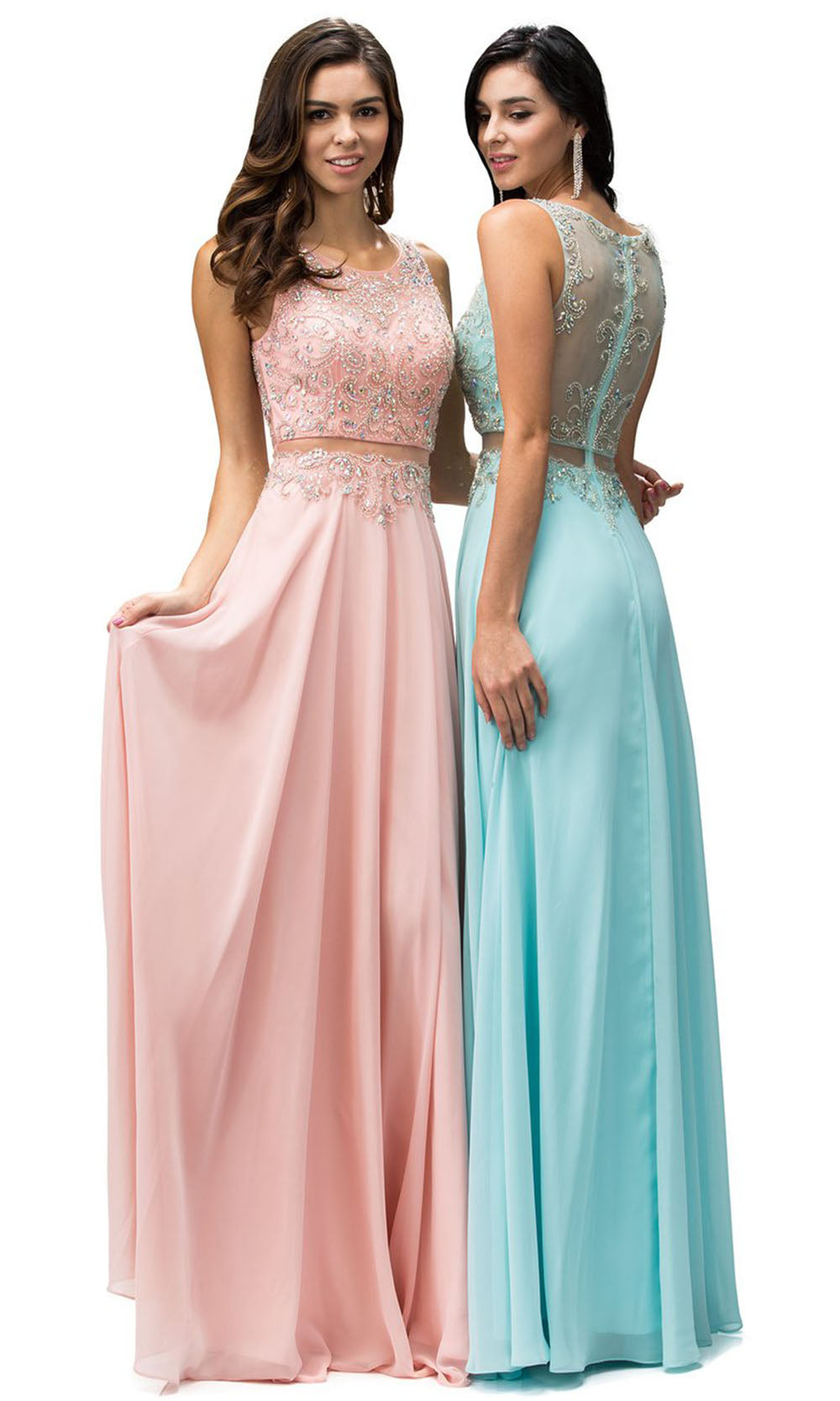 Dancing Queen - 9150 Illusion Two-Piece Beaded Bodice A-Line Gown In Pink