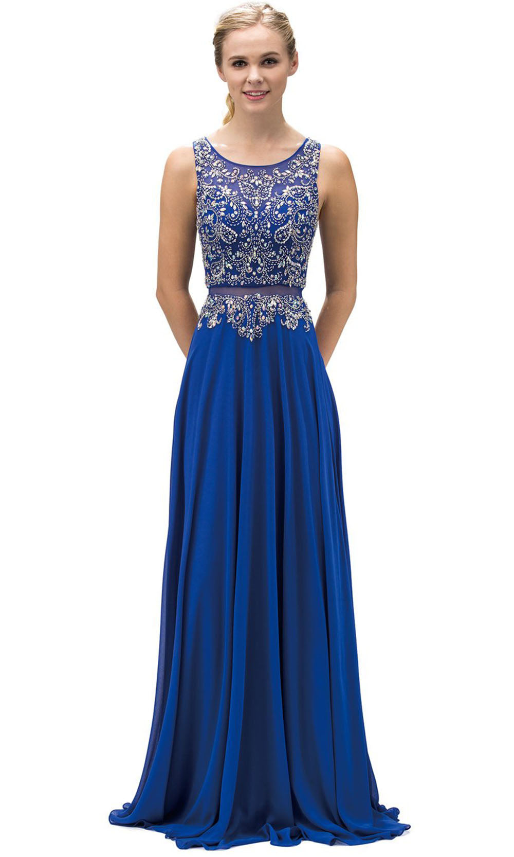 Dancing Queen - 9150 Illusion Two-Piece Beaded Bodice A-Line Gown In Blue