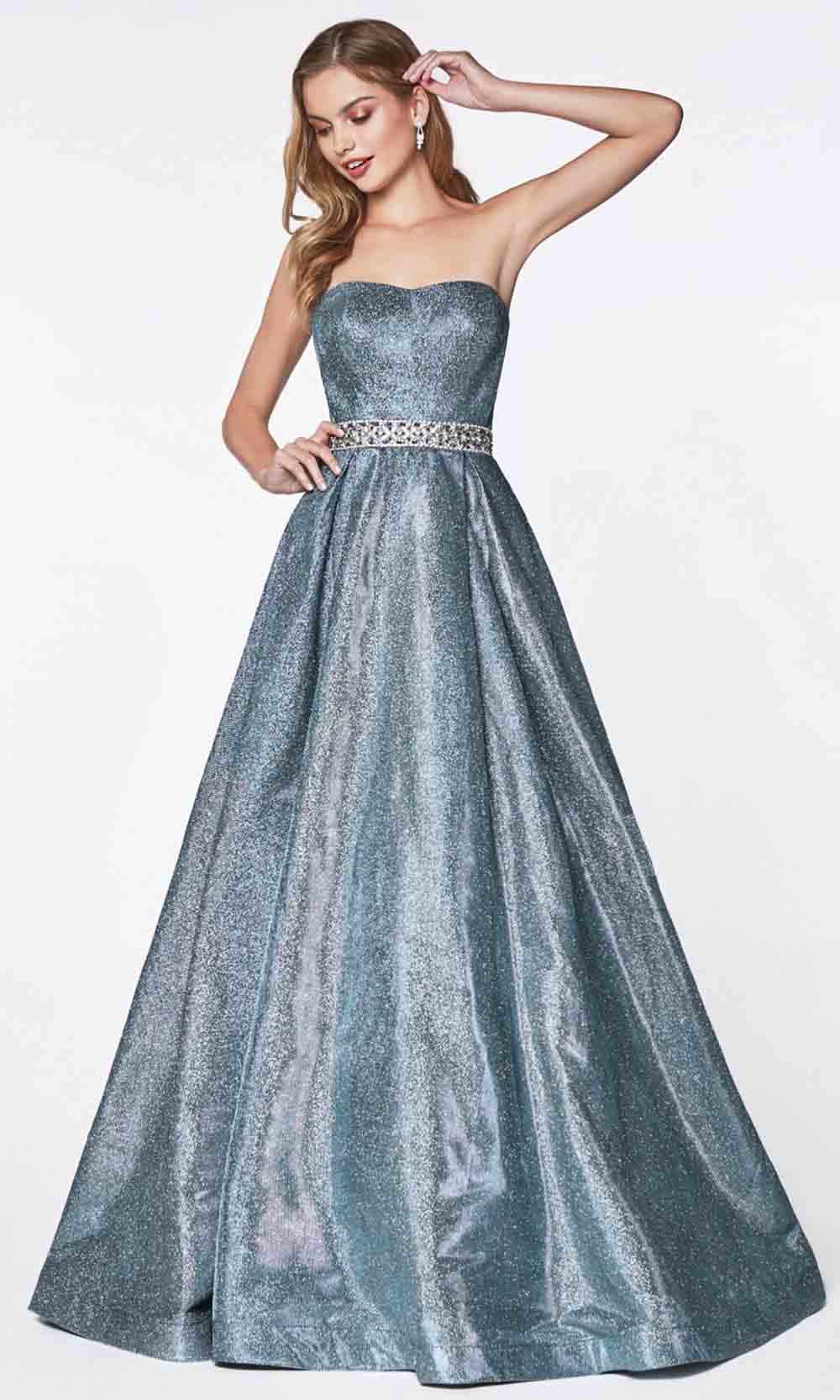 Cinderella Divine - 9175 Glittered A-Line Gown In Blue and Silver