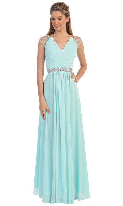 Dancing Queen - 9182 Illusion Sleeve Pleated Chiffon A-Line Gown In Blue