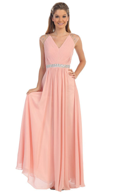 Dancing Queen - 9182 Illusion Sleeve Pleated Chiffon A-Line Gown In Pink