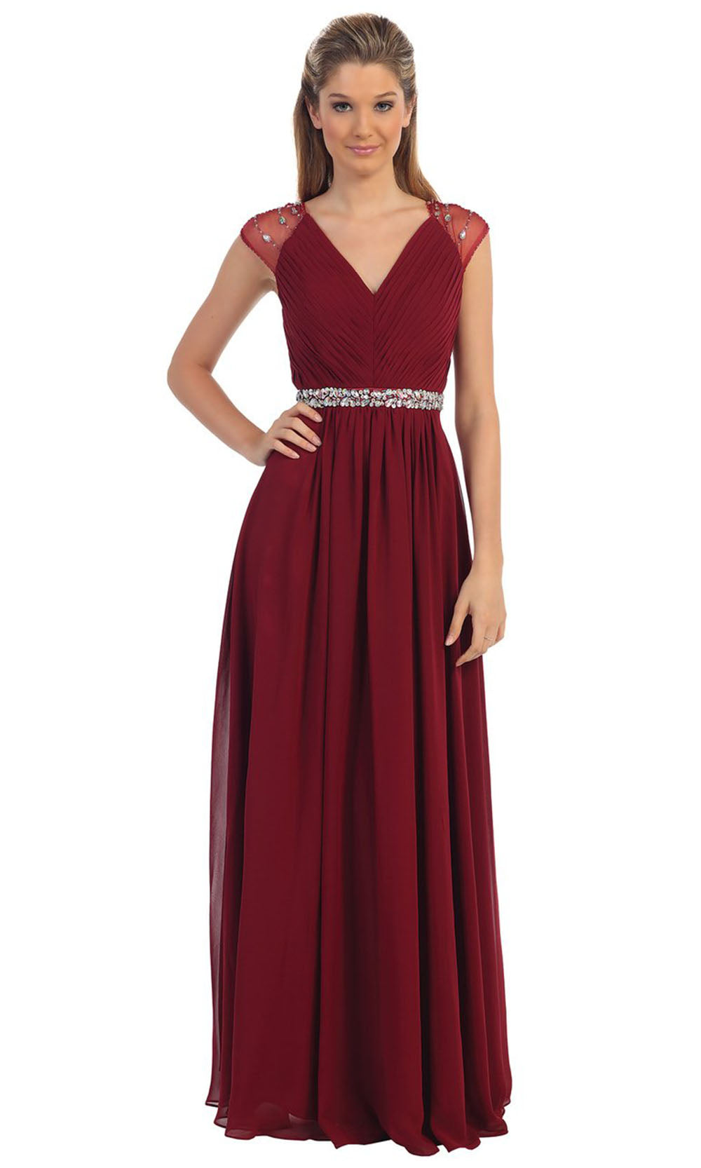 Dancing Queen - 9182 Illusion Sleeve Pleated Chiffon A-Line Gown In Burgundy