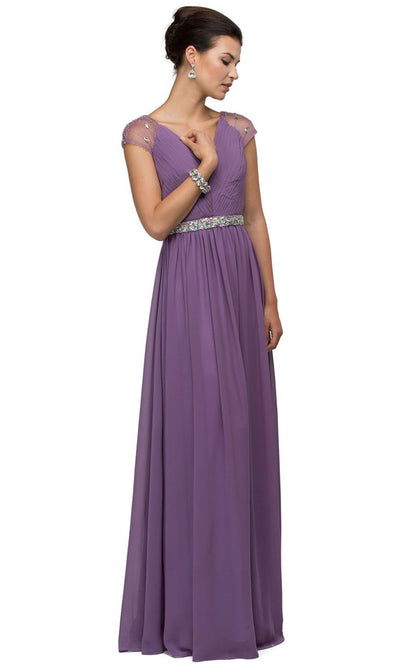 Dancing Queen - 9182 Illusion Sleeve Pleated Chiffon A-Line Gown In Purple