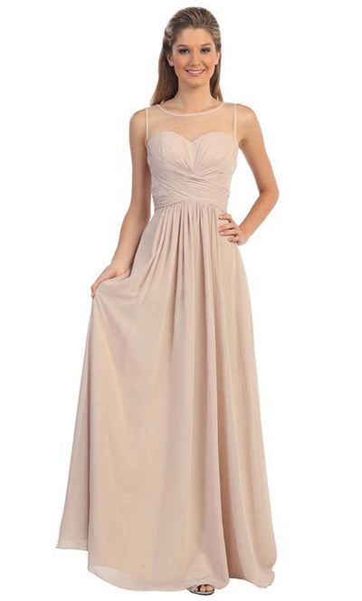 Dancing Queen - 9202 Illusion Neckline Ruched Bodice A-Line Gown In Champagne & Gold