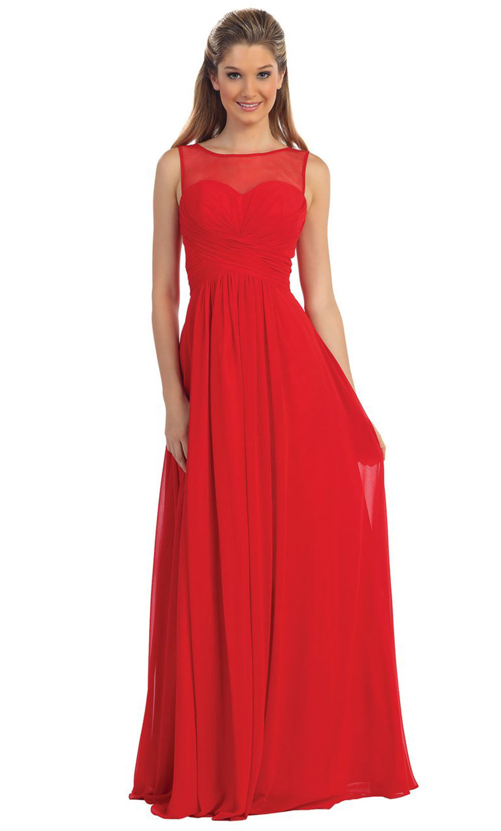 Dancing Queen - 9202 Illusion Neckline Ruched Bodice A-Line Gown In Red