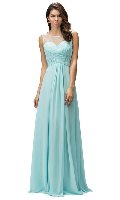 Dancing Queen - 9202 Illusion Neckline Ruched Bodice A-Line Gown In Blue
