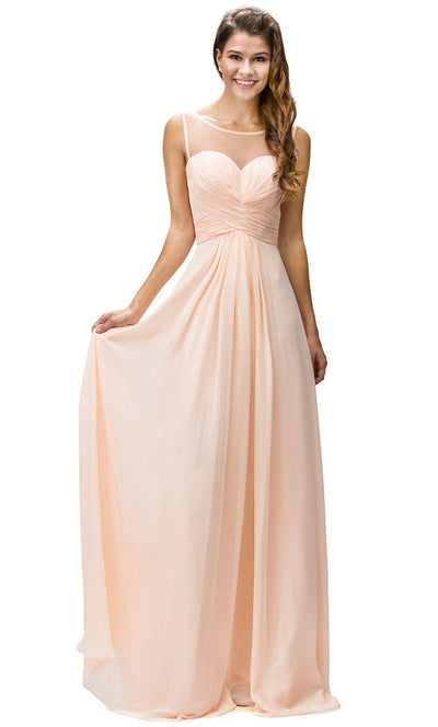 Dancing Queen - 9202 Illusion Neckline Ruched Bodice A-Line Gown In Coral & Orange