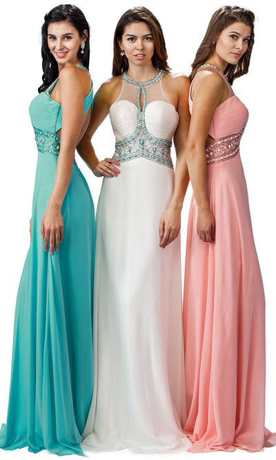 Dancing Queen - 9270 Bejeweled Illusion Neckline A-Line Gown In Pink and White