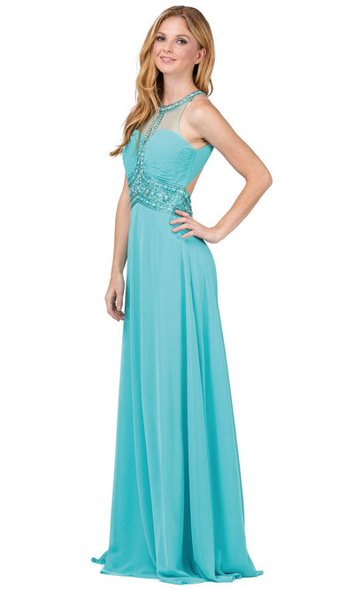 Dancing Queen - 9270 Bejeweled Illusion Neckline A-Line Gown In Blue