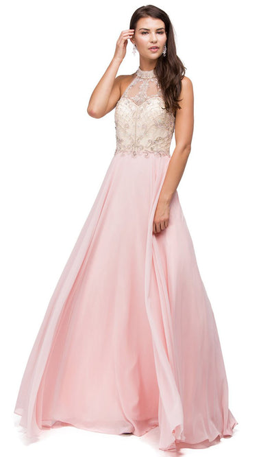 Dancing Queen - 9293 Embellished High Halter A-Line Gown In Pink