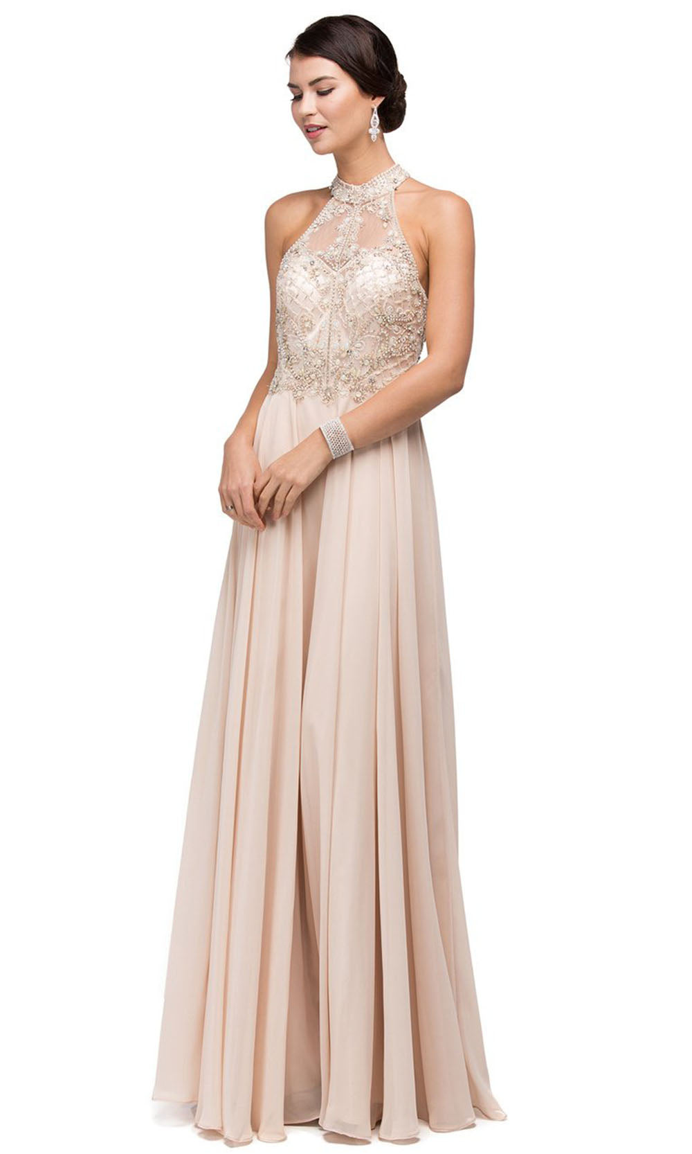 Dancing Queen - 9293 Embellished High Halter A-Line Gown In Neutral