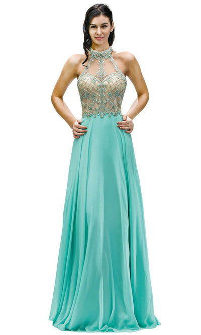 Dancing Queen - 9293 Embellished High Halter A-Line Gown In Green