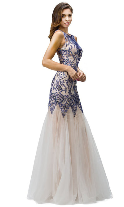 Dancing Queen - 9294 Sleeveless Beaded Applique Mermaid Gown In Blue